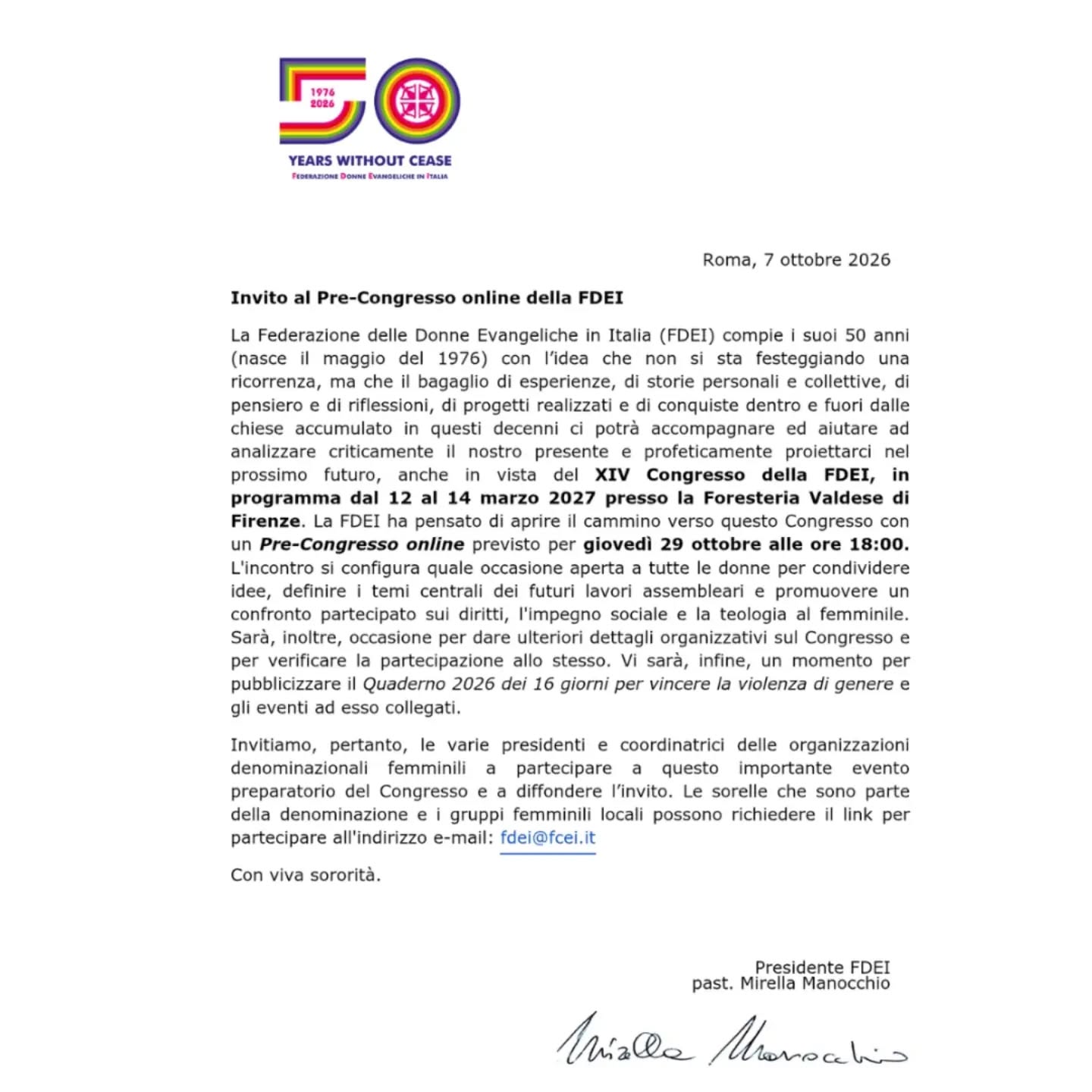 29.10.2026, ONLINE:  Pre-Congresso Federazione delle Donne Evangeliche Italiane in occasione dei 50 anni FDEI